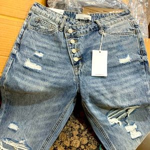 Brand New Flying Monkey Denim, offset button fly, distressed light colored denim